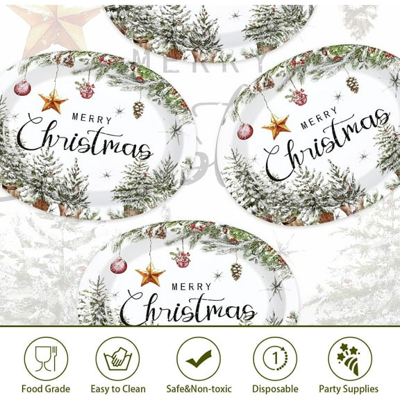 YUYAN-50Pcs Christmas Oval Paper Plates 10" x 12" Large Disposable Heavy Duty Xmas Trees Holly Pine Cone Paper Platters Farmhouse Dessert Plates for Merry Christmas Winter Holiday Dining Party Suppli