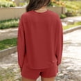 thumbnail image 5 of 2 Piece Ribbed Knit Loungewear Set Women's Long Sleeve Crew Neck Tops Elastic Waisted Shorts, Loose Comfortable Outfits Red S, 5 of 7