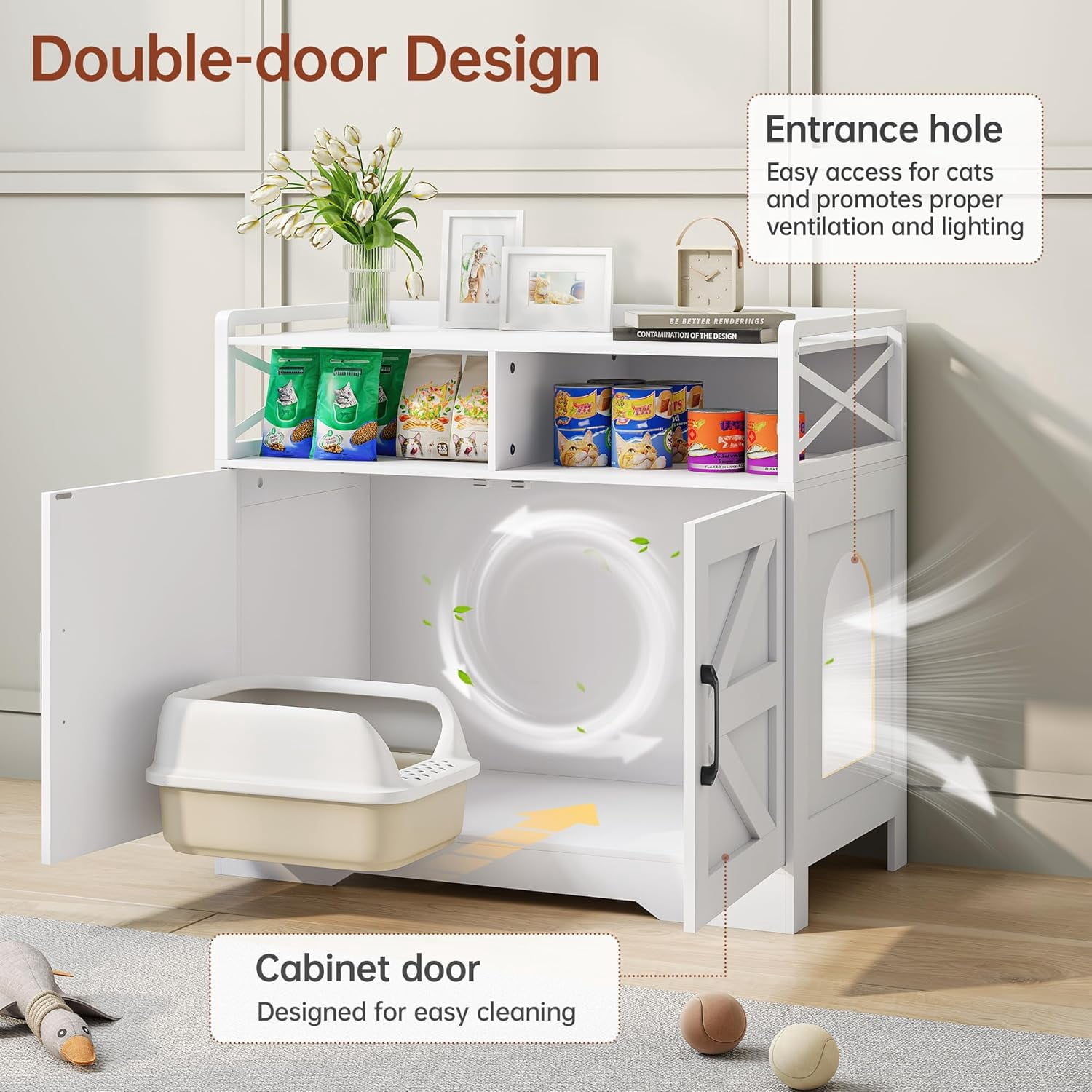 SELOOYE Cat Litter Box Enclosure, Ultra-Large Hidden Litter Box Furniture with 2 Open Drawers, Pet House, Fit Most of Litter Box, White
