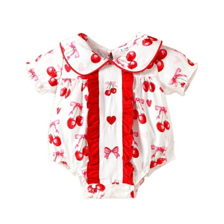 Baby Romper Girls Short Sleeve Prints Romper Ruffles Bodysuits Clothes Baby Onesies Red 3 Months-6 Months