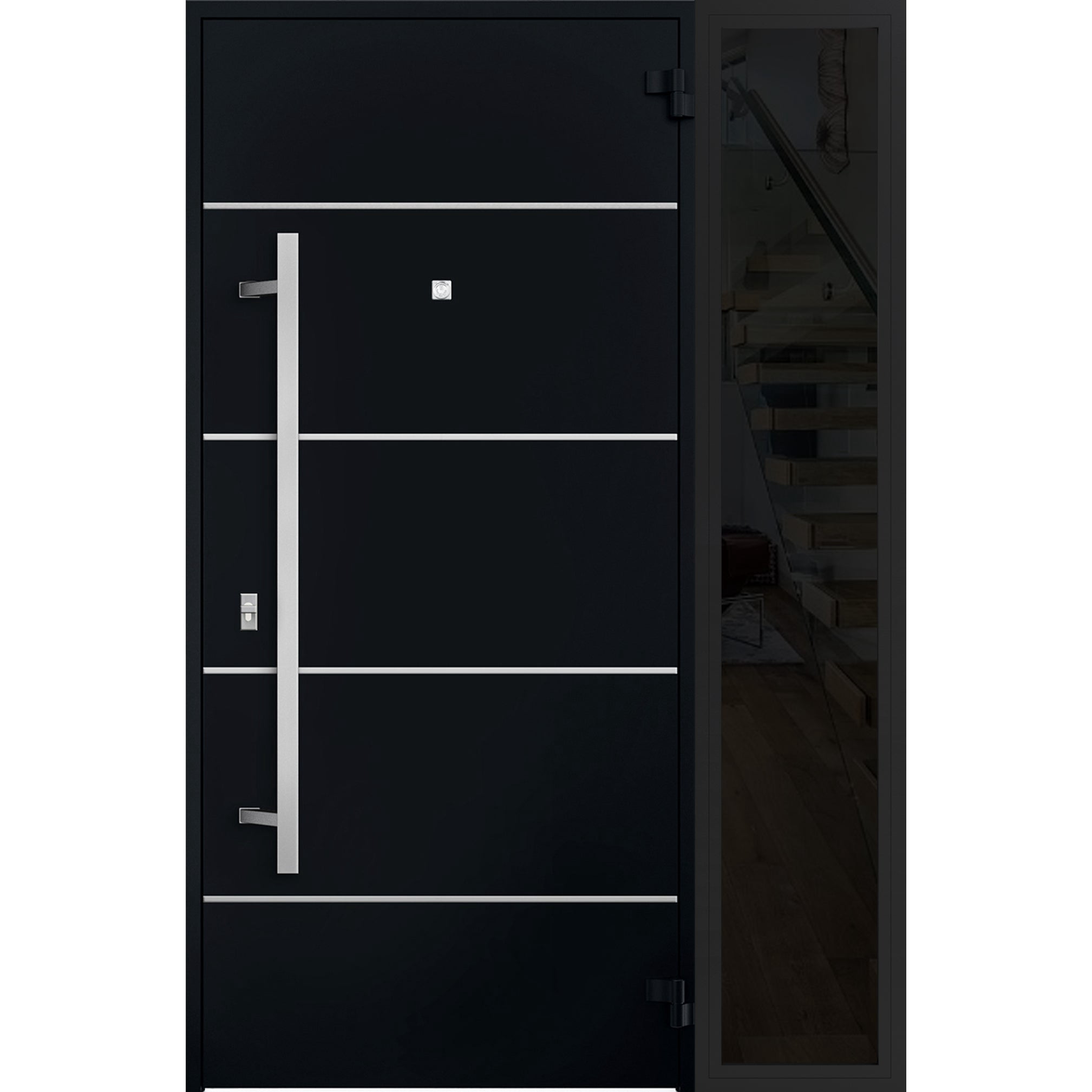 Front Exterior Prehung Steel Door / Deux 6083 Black Enamel / Side Exterior Window Sidelite / Stainless Inserts Entry Metal Modern Painted W36+16" x H80" Left hand Inswing