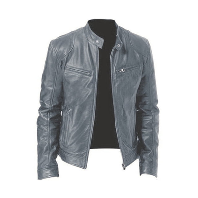 LUXUR Veste Homme Manches Longues Manteau Col Montant Tenue Décontractée Coupe Régulière Pardessus Cuir PU Gris m