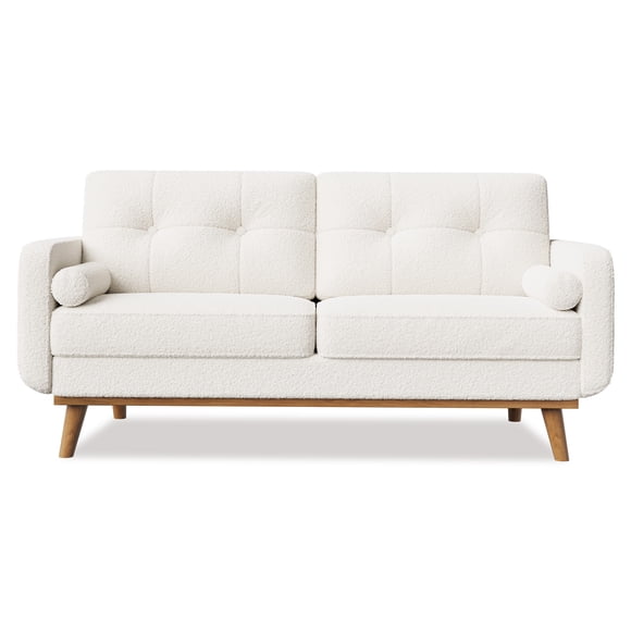 Mid Century Modern Loveseat Sofa – 65" 2-Seater Deep Seat Couch, Button Tufted, Boucle Soft Soft Fleece Upholstery, Plain Wood Legs, Comfortable for Living Room, Bedroom, Office, Apartment – Lambswool
