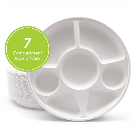 

THREE LEAF 7 COMPARTMENT BAGASSE ROUND PLATE 100 Ct. Heavy-Duty- Super Strong- Natural- Eco-Friendly Disposable Bagasse Plates 100% Biodegradable 7 compartment plates
