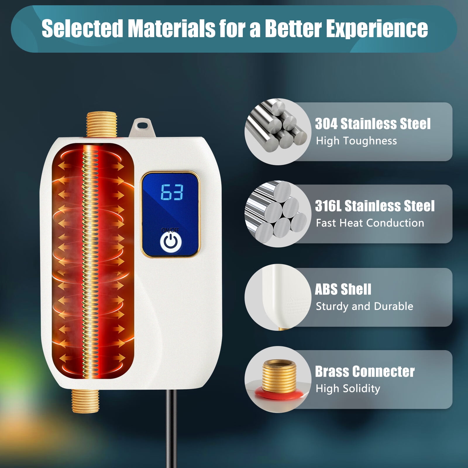3000W Electric Tankless Water Heater 110V Mini Instant Electric Hot Water Heater Home Floor-Mounted Under Sink Water Heater for Kitchen Bathroom 20-50°C White