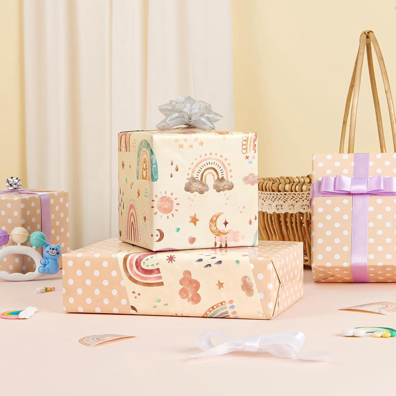 Rainbow Gift Wrapping Paper Roll - 1 Roll 17” x 33 ft  Baby Shower Wrapping Paper New Baby Girl Wrapping Paper for Kids Birthday Party Favor Reversible Polka Dot Design