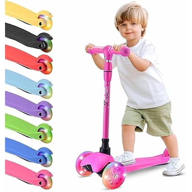 Hurtle Monopatin Scooter para Niños de 2 a 5 Años, 3 Ruedas con Luces LED, Mini Kickboard con Freno, Manillar Ajustable de 63 cm a 71 cm, Antideslizante, Patin del Diablo, Rosa