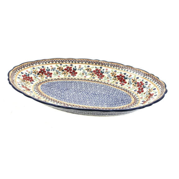Blue Rose Polish Pottery Red Daisy Large Oval Serving Platter