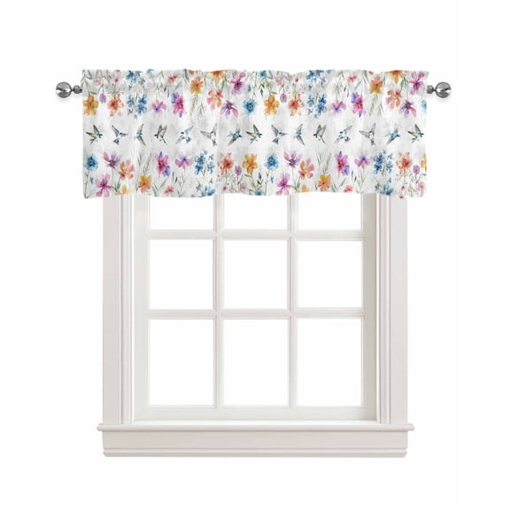Flower Birds Linen Curtain Valance for Bedroom/Bathroom/Kitchen/Office/Living/Dining Room Windows, Spring Summer Watercolor Colorful Floral Pocket Topper Drapes Decorative Cafe Drapery Panel 42"x12"