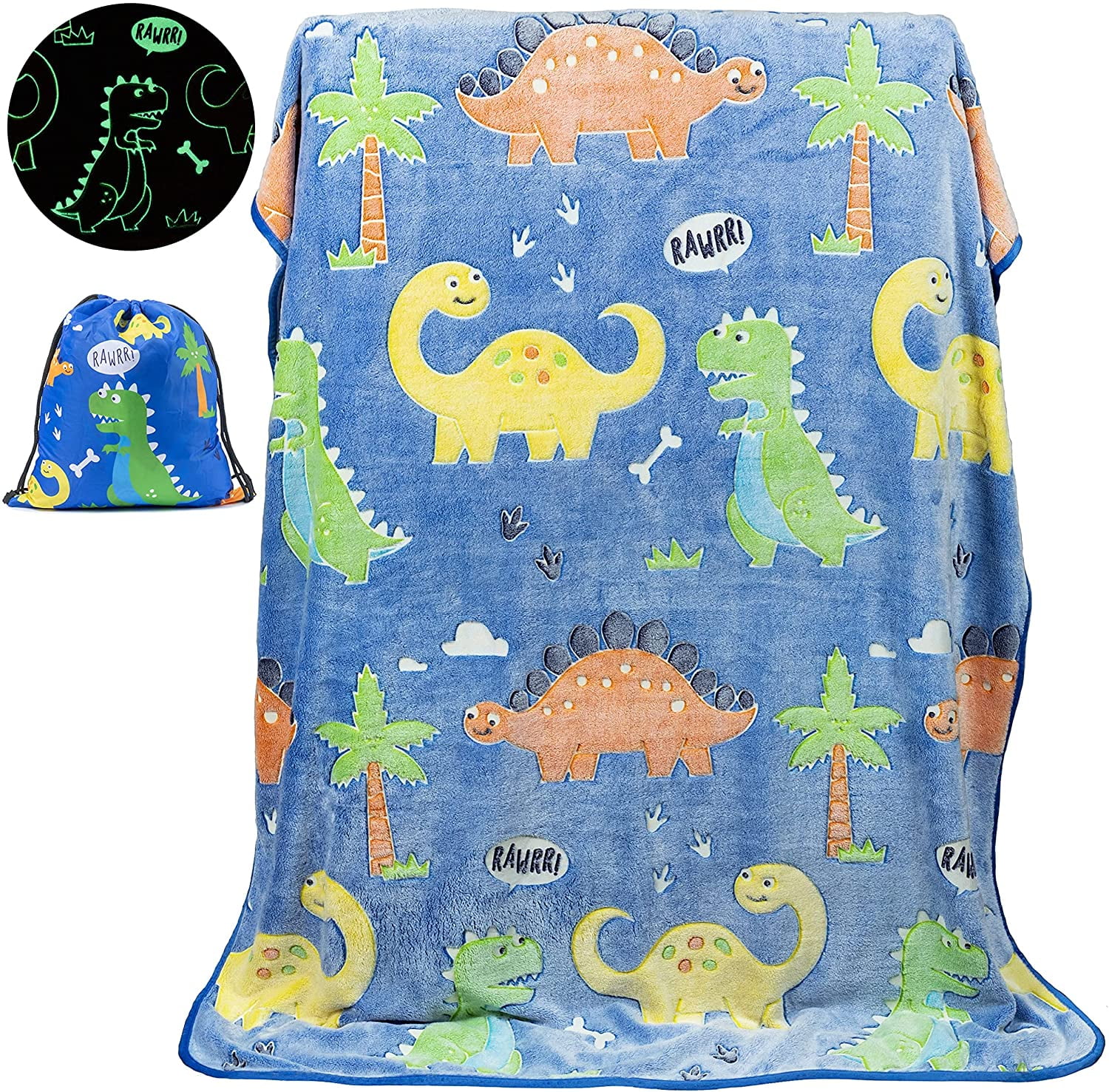 Glow in The Dark Dinosaur Blanket for Boys –Soft Plush Blue Fleece Throw Blanket. Great Dinosaur Gifts for Kids, Grandkids, Baby, Toddler, Birthday, Christmas! 6+ Hour Glow. (50”X60”)