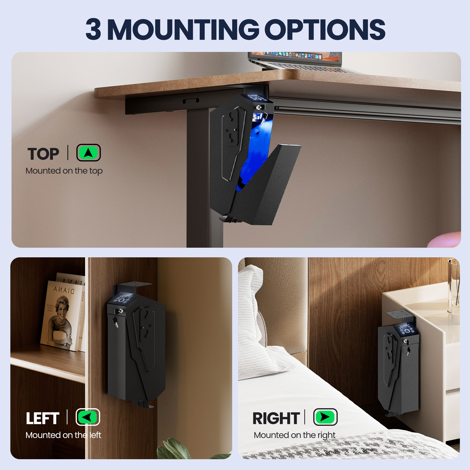 Quick Access Biometric Mounted Safe – Drop-Down Design with Fingerprint, Passcode & Key – Compact Security Box for Home or Office Valuables