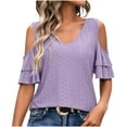 thumbnail image 1 of AherBiu Beach Tops for Women Eyelet Layered Ruffle Sleeve Cold Shoulder V Neck Summer Boho Shirts Blouse, 1 of 5
