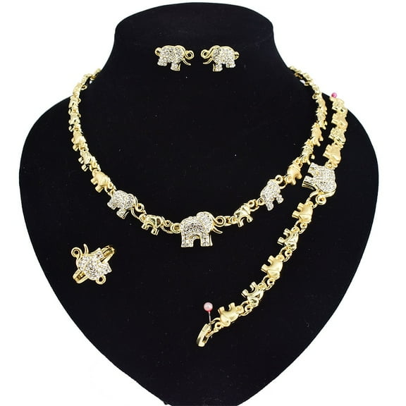 Women's Hugs & Kisses XOXO Elephant Charm Necklace Set Includes Ring Bracelet & Earrings set 18k Layered Real Gold Plated
