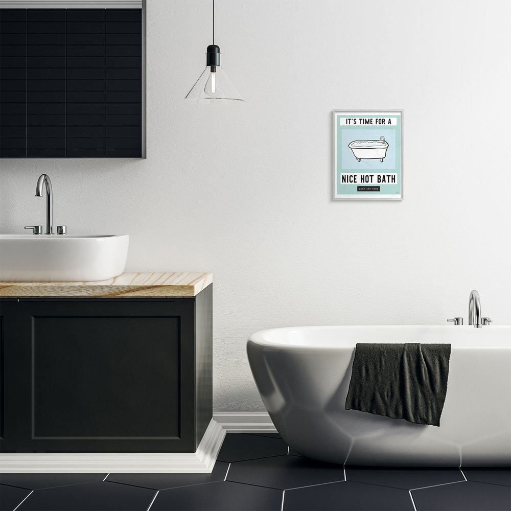 Stupell Industries Hot Bath and Wine Phrase Funny Blue Green Word Design Framed Wall Art Design by Melissa Averinos, 11" x 14", Gray Framed