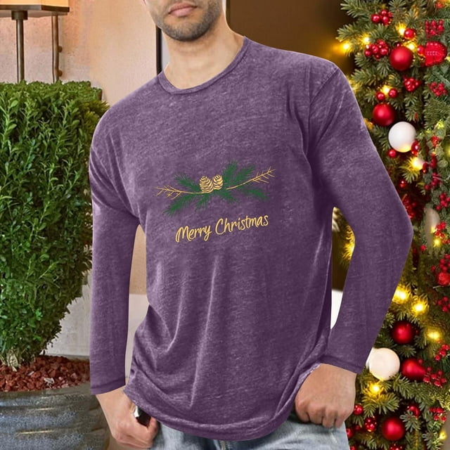 Blusas y camisas de manga larga con cuello redondo para hombre, deportivas, fitness, hogar, pijamas navideños estampados, camiseta de manga larga con cuello redondo, blusa de poliéster para hombre