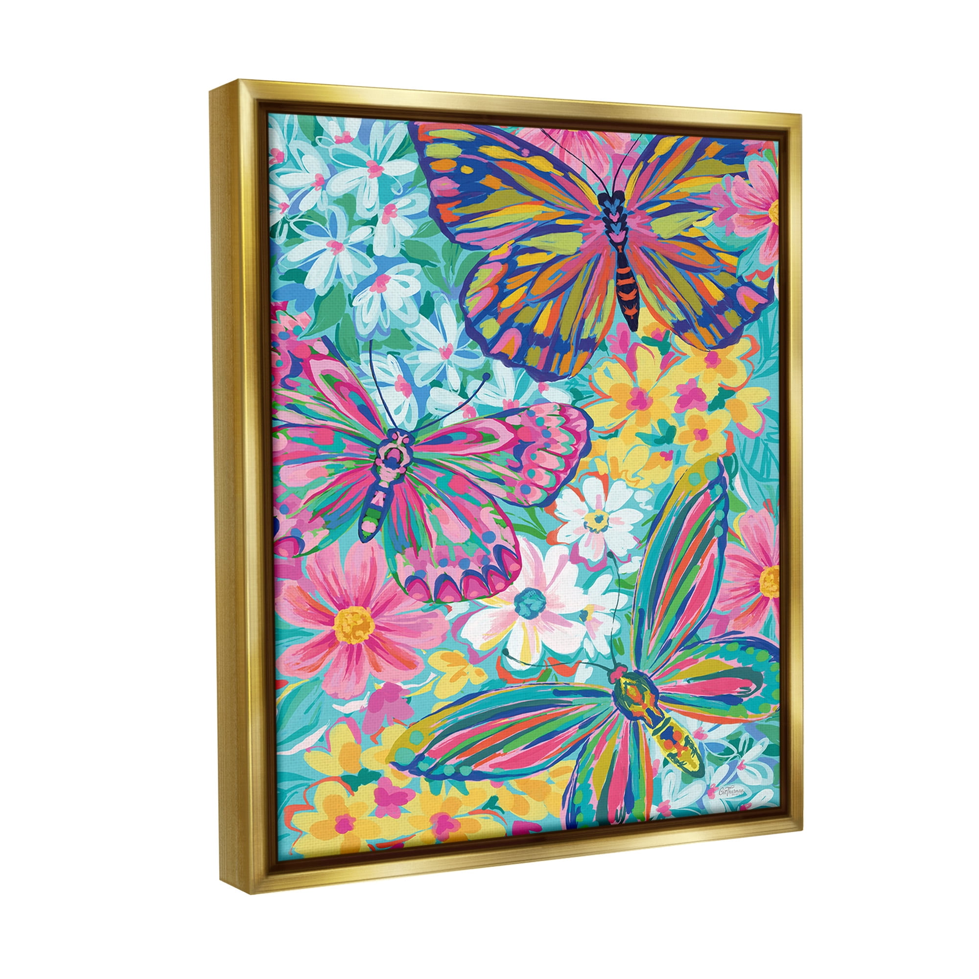 Stupell Industries Modern Butterflies & Blossoms Animals & Insects Painting Gold Floater Framed Canvas Art Print Wall Art, 25 x 31