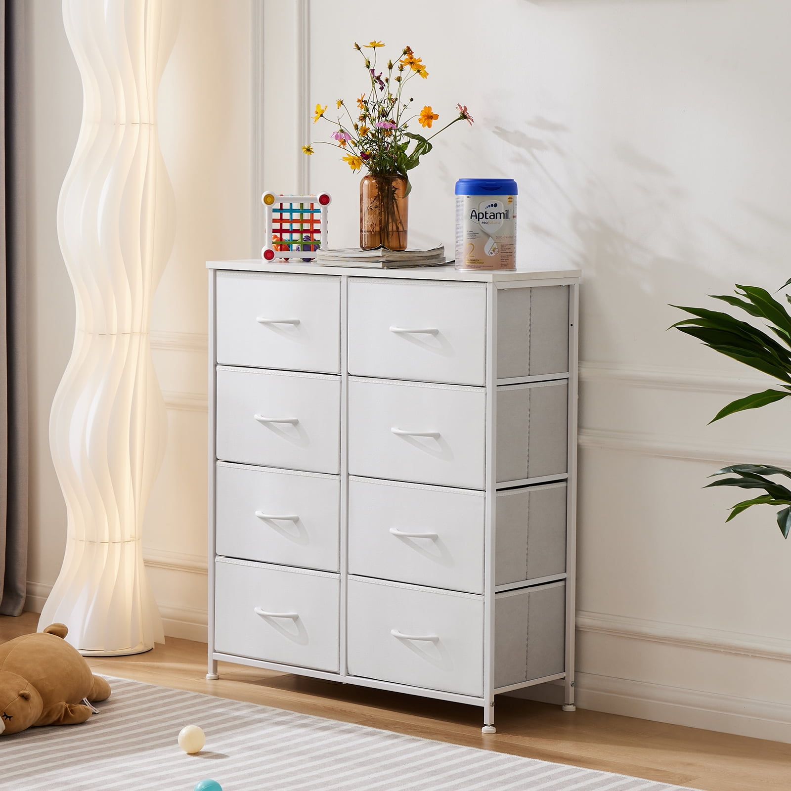 EDX 8 Drawers Dresser for Bedroom with Metal Frame, Wood Tabletop, Storage Chest Drawers, White