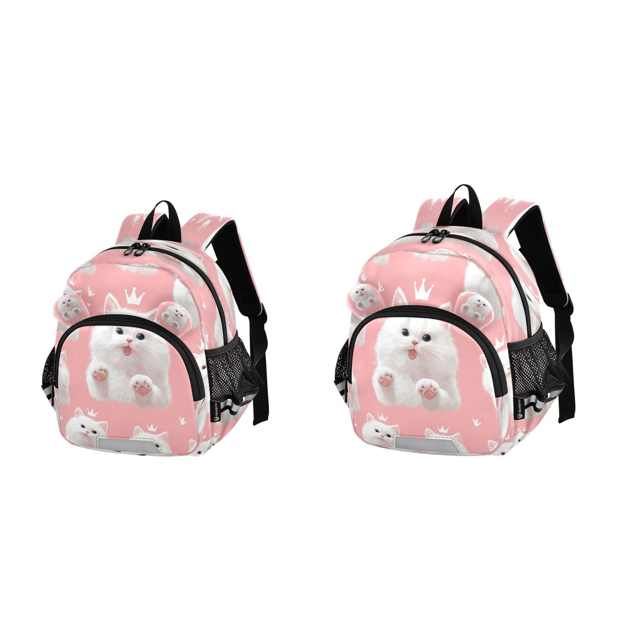 RMDQTR Adorable Ear-Print Backpack with Reflective Strip and Anti-Lost Leash Adjustable Shoulder Straps Mini Travel Backpack Happy White Cat Face