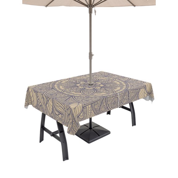 Outdoor Tablecloth with Umbrella Hole for Patio/Picnic/Party/Camping, Blue Beige Flowers Waterproof Table Cloth Rectangle Table Cover Washable, Boho Vintage Ethnic Floral Geometric (60"x 120")