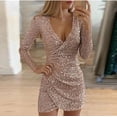 thumbnail image 1 of Nouvelle Robe d'Automne Sexy Col en V Robe Courte Irrégulière à Paillettes, 1 of 6
