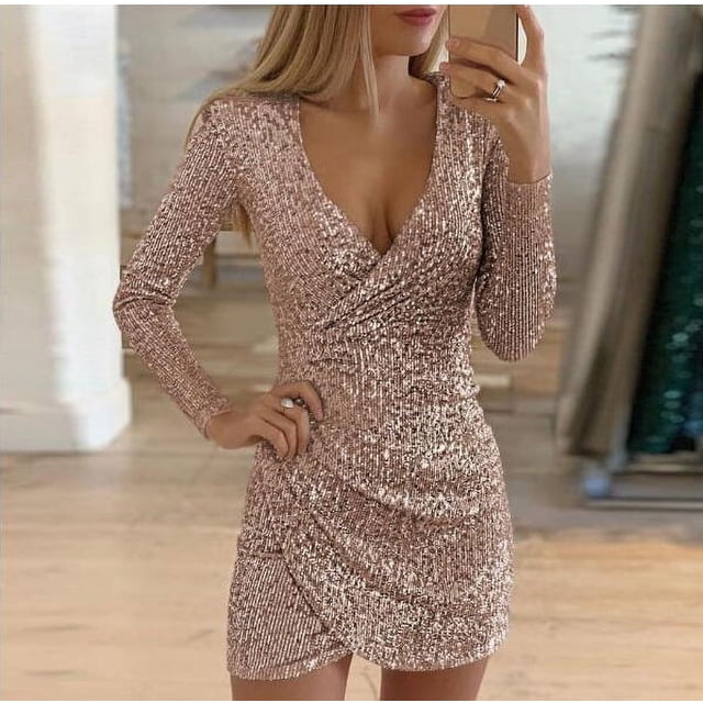 Nouvelle Robe d'Automne Sexy Col en V Robe Courte Irrégulière à Paillettes