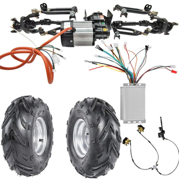 Front Axle Kit 4 Wheel Drive Half Axle Assembly Shock Swingarm Tie Rod & 48V 1000W Differential Motor Controller Brake & 16x8-7 Wheels Tires for Electric Go Kart ATV Quad Buggy Golf Cart