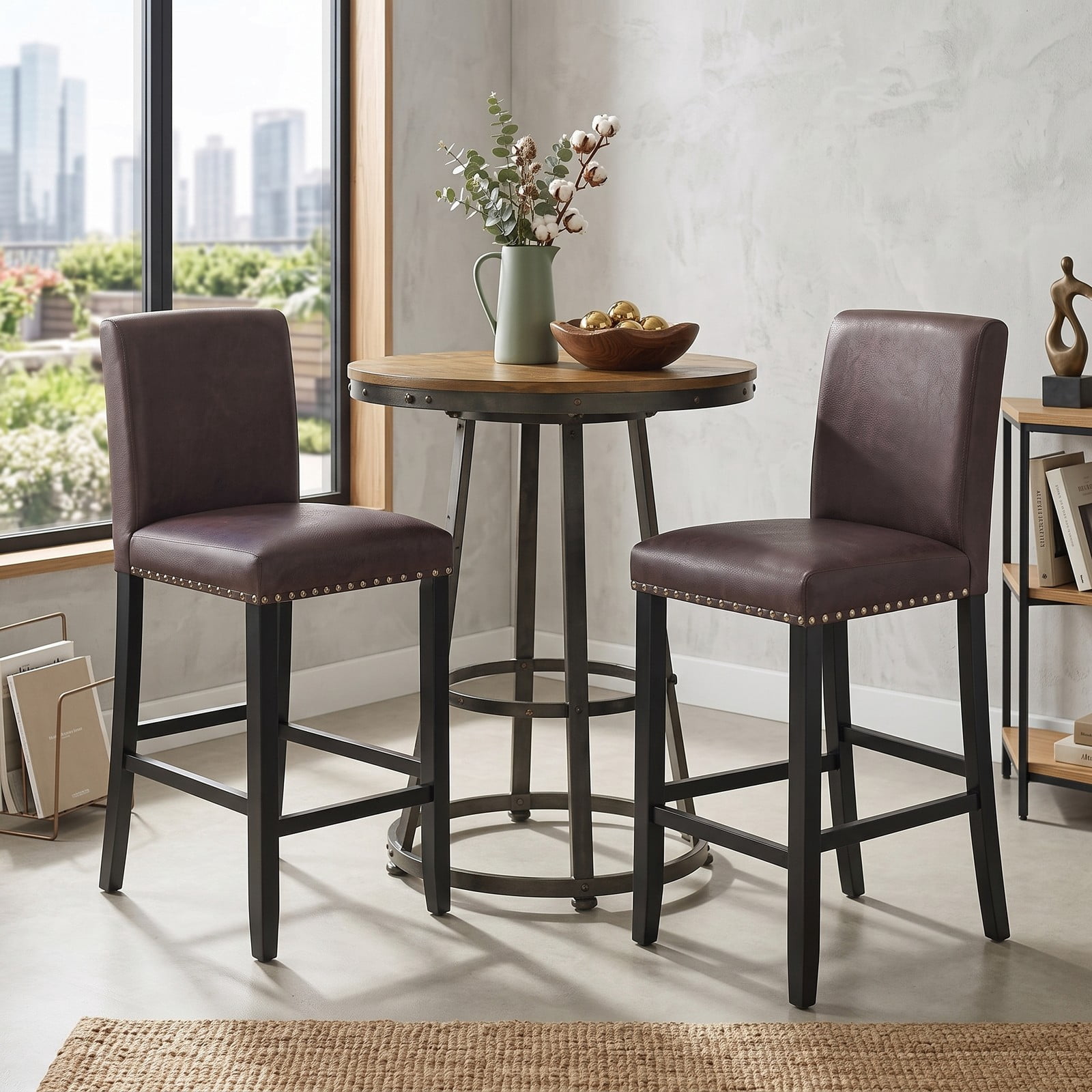 Furnibear Set of 2 Bar Stools with Back for Kitchen Island, 25.5 inch Upholstered Counter Height Barstools with Footrest, Padded Leather Bar Chairs for Dining, Brown
