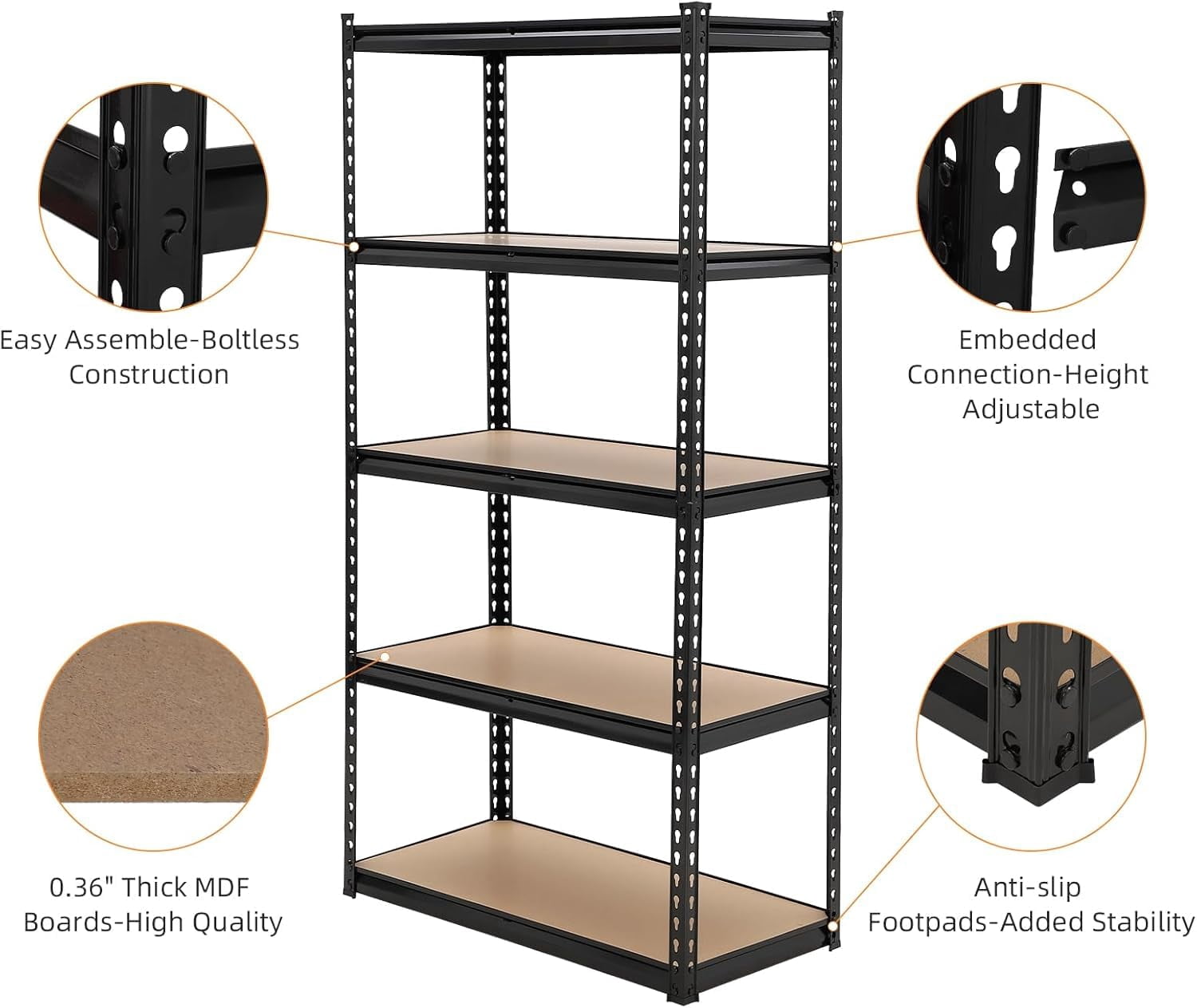 Garvee Garage Shelving, 5-Tier Adjustable Height Metal Utility Shelves for Garage, 72" Garage Storage Shelves Heavy Duty, Industrial Shelving Utility Shelf, Black-Load 3860 Lbs