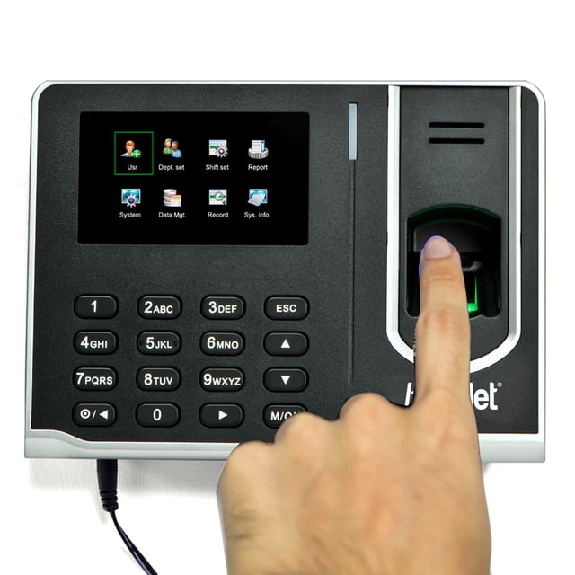bnhr, reloj checador huella digital 500 empleados reloj checador biométrico con pantalla LCD a color, teclado numérico y lector de huellas iluminado a la derecha; mano tocando el sensor; funcionamiento autónomo, descarga de reportes .XLS por USB y registro de entradas y salidas para hasta 500 empleados; también adecuado para control de asistencia en oficinas pequeñas.