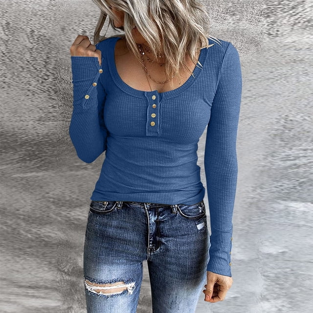 WILLBEST Womens Shirts Trendy 2025 Women Long Sleeve T Shirts Button Down Slim Fit Tops Neck Ribbed Knit Shirts
