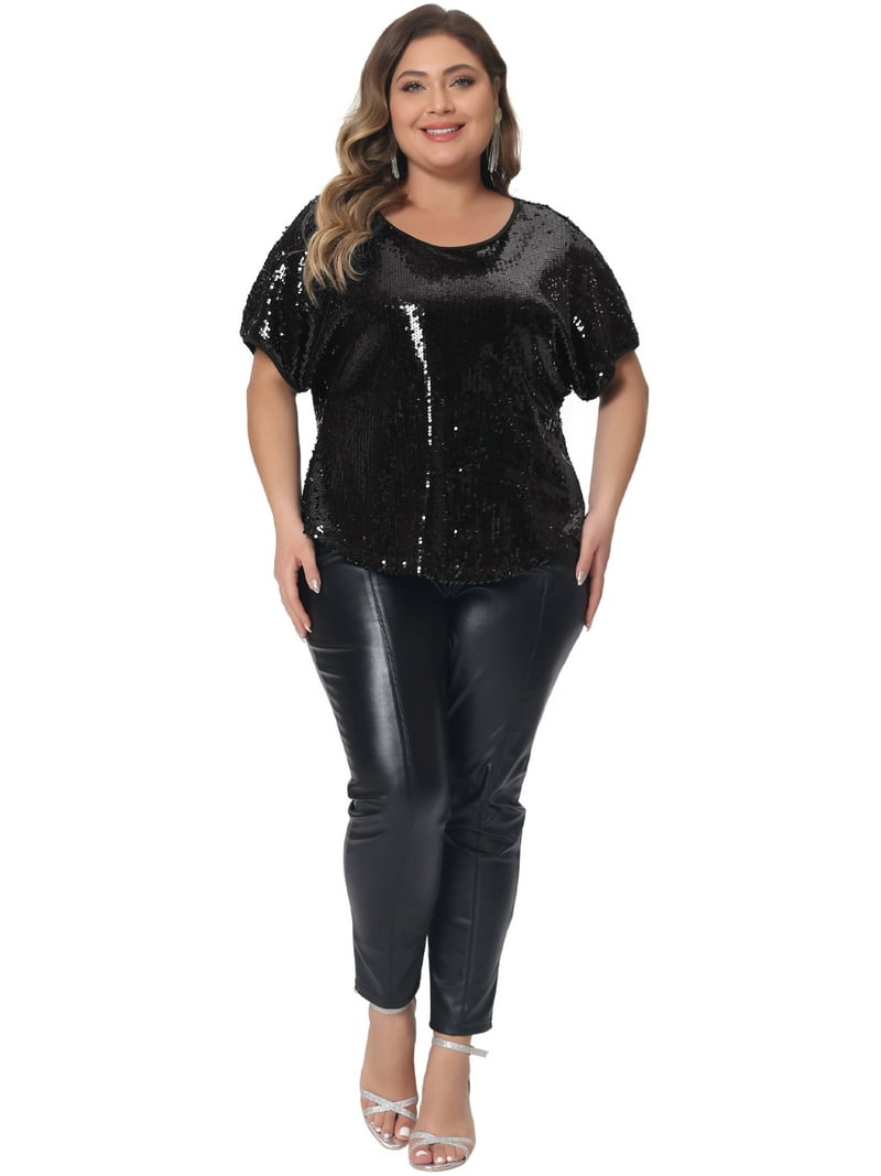 Unique Bargains Women Plus Size Full Sequin Tops Short Sleeve