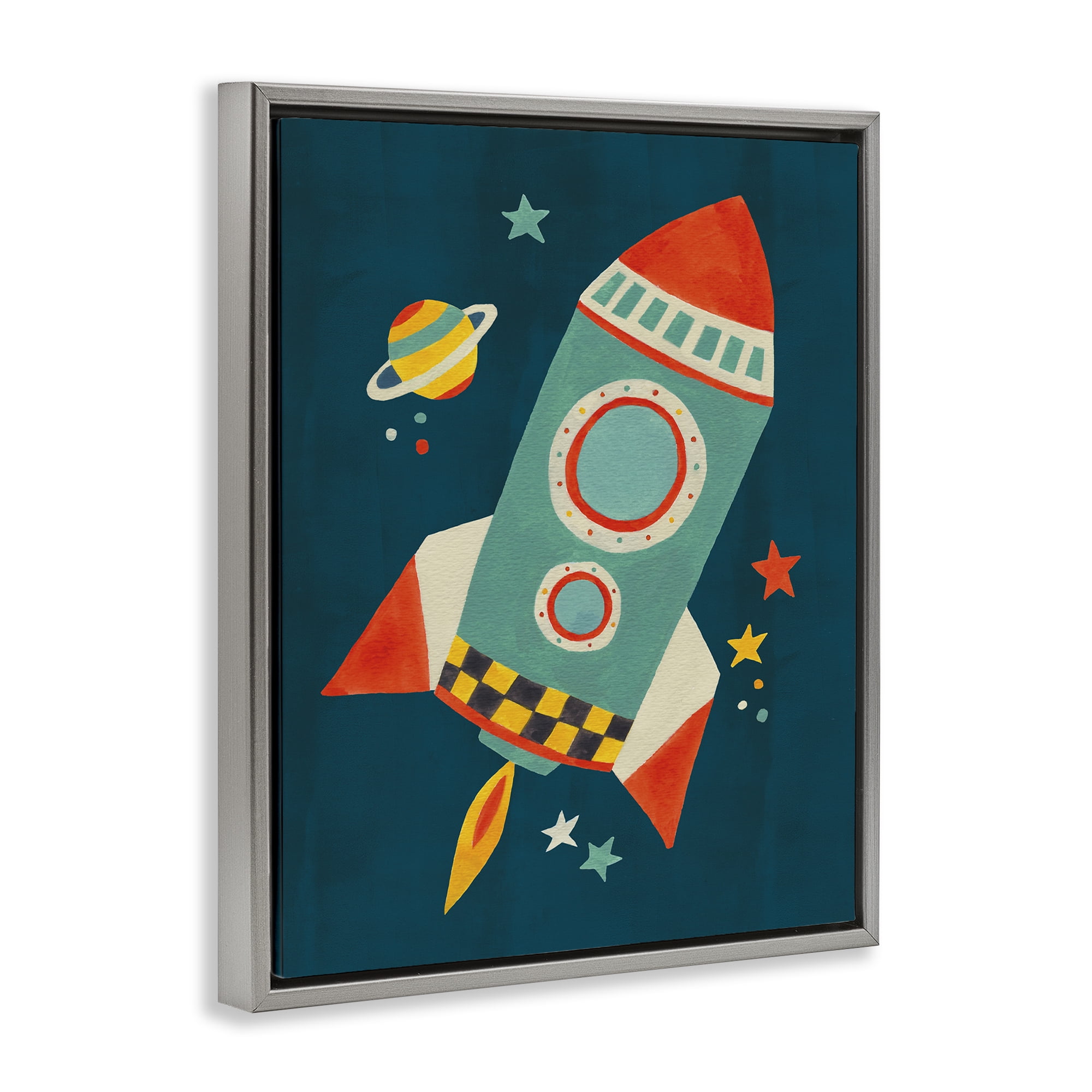 Stupell Industries Rocket Ship in Space Transportation Painting Gray Floater Framed Canvas Art Print Wall Art, 25 x 31