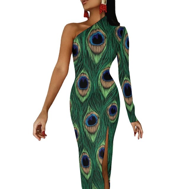 Unique Peacock Feather Long Dress Female Colorful Print Party Maxi Dress Spring Kawaii Bodycon Dresses Side Split Custom Clothes