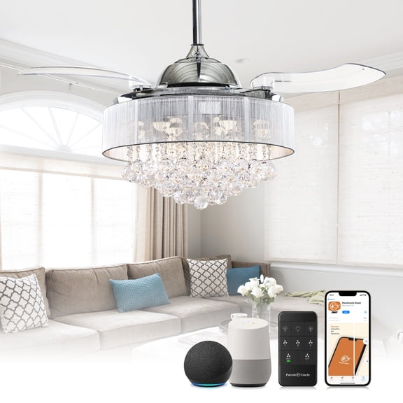 Parrot Uncle Smart Ceiling Fan with Light 42 inch Modern Crystal Chandelier Ceiling Fan with LED Light, Compatible with Alexa