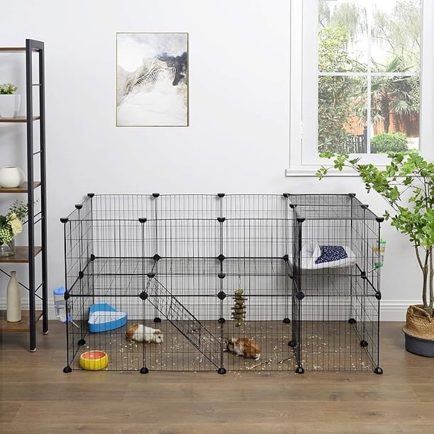 SONGMICS Parque para Mascotas de 2 Niveles, Jaula modular, para Animales Pequeños, Hámsters, Conejos, Cobayas, Paneles de Malla Metálica, 143 x 73 x 71 cm, Negro
