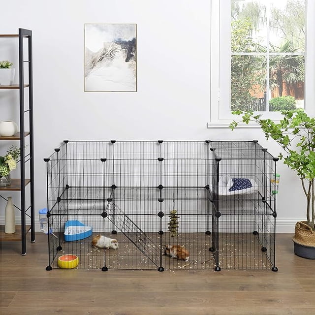 SONGMICS Parque para Mascotas de 2 Niveles, Jaula modular, para Animales Pequeños, Hámsters, Conejos, Cobayas, Paneles de Malla Metálica, 143 x 73 x 71 cm, Negro