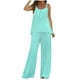 thumbnail image 2 of Ichuanyi liquidación de verano moda mujer hebilla de metal esling puro color sin mangas blusas de cuello redondo camisas tops puro color elástico cintura ancha de pantalones de piernas anchas juegos ICHUANYI WER202308210210, 2 of 6