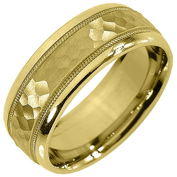 14K Yellow Gold Mens Wedding Band 7mm Satin Hammered Milgrain Comfort Fit
