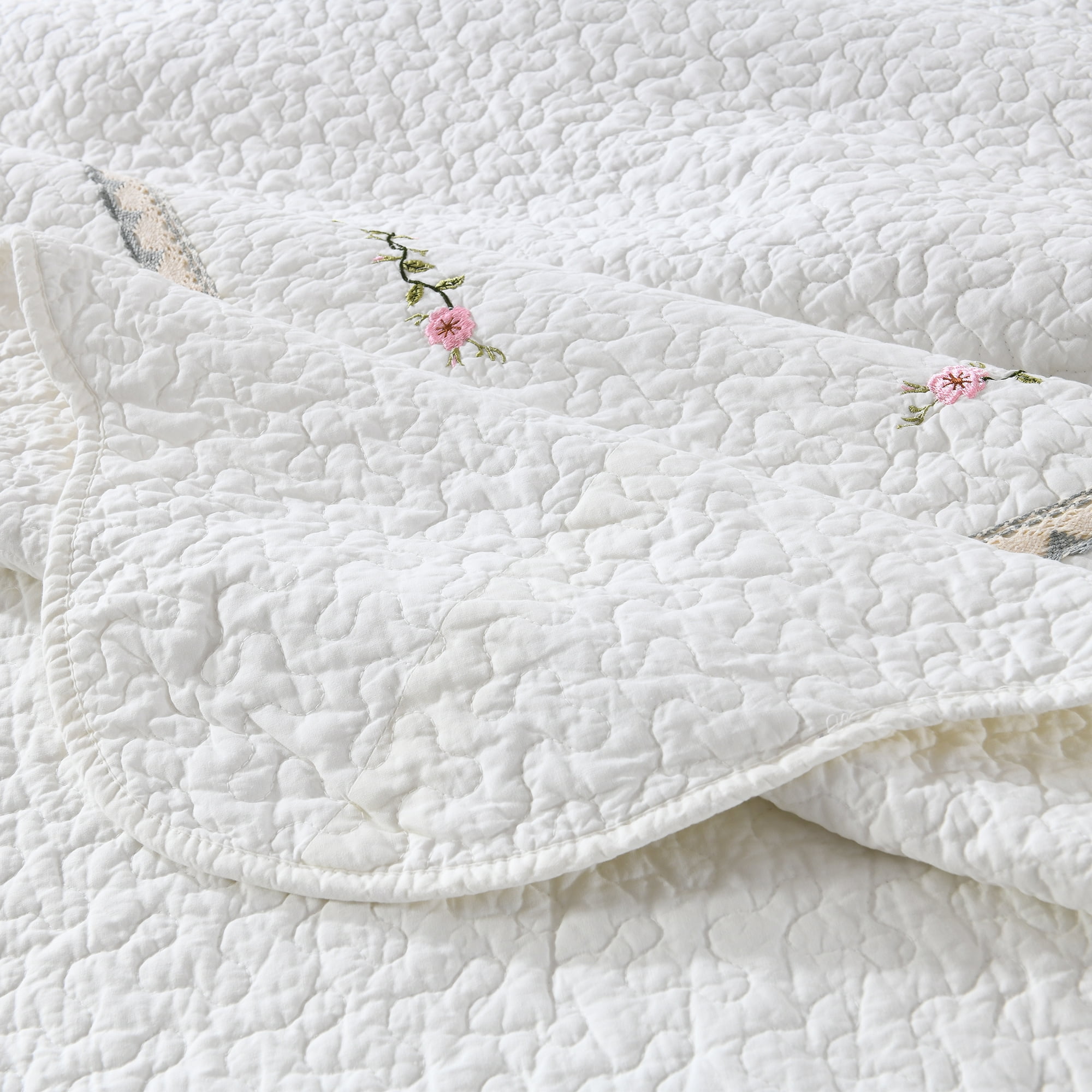 MarCielo 3-Piece 100% White Cotton Oversized Bedspread Set Coverlet Set Lightweight Quilt Set Sakura