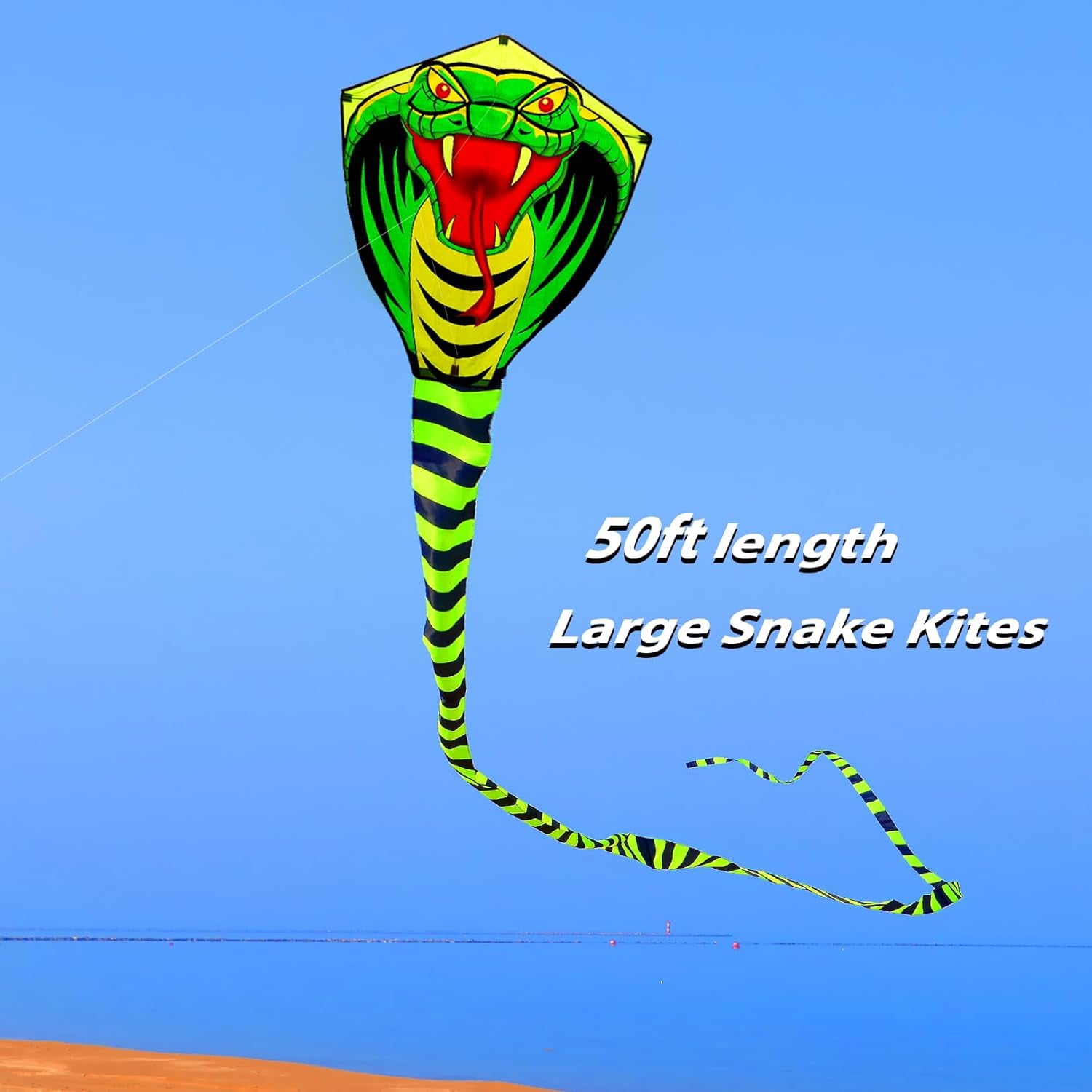 Giant Snake Kite - 50ft Single String Beach Kite for Beginners & Kids, Easy to Fly, 330ft String Handles
