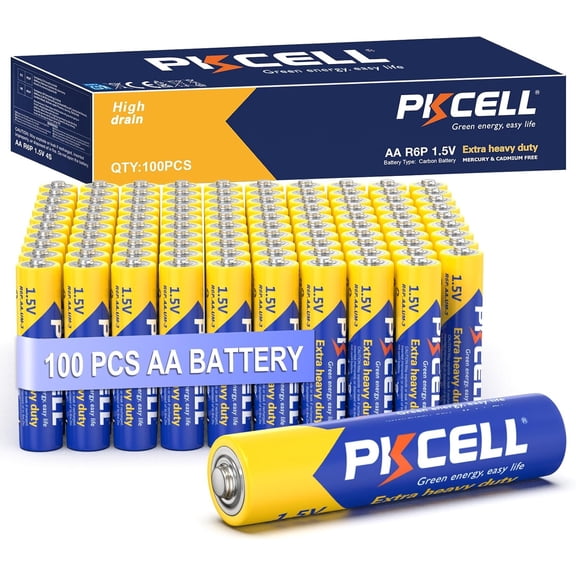PKCELL Carbon Zinc AA Batteries (100 Pack), 1.5V Extra Heavy Duty Double A Batteries for Remote Control and Clocks