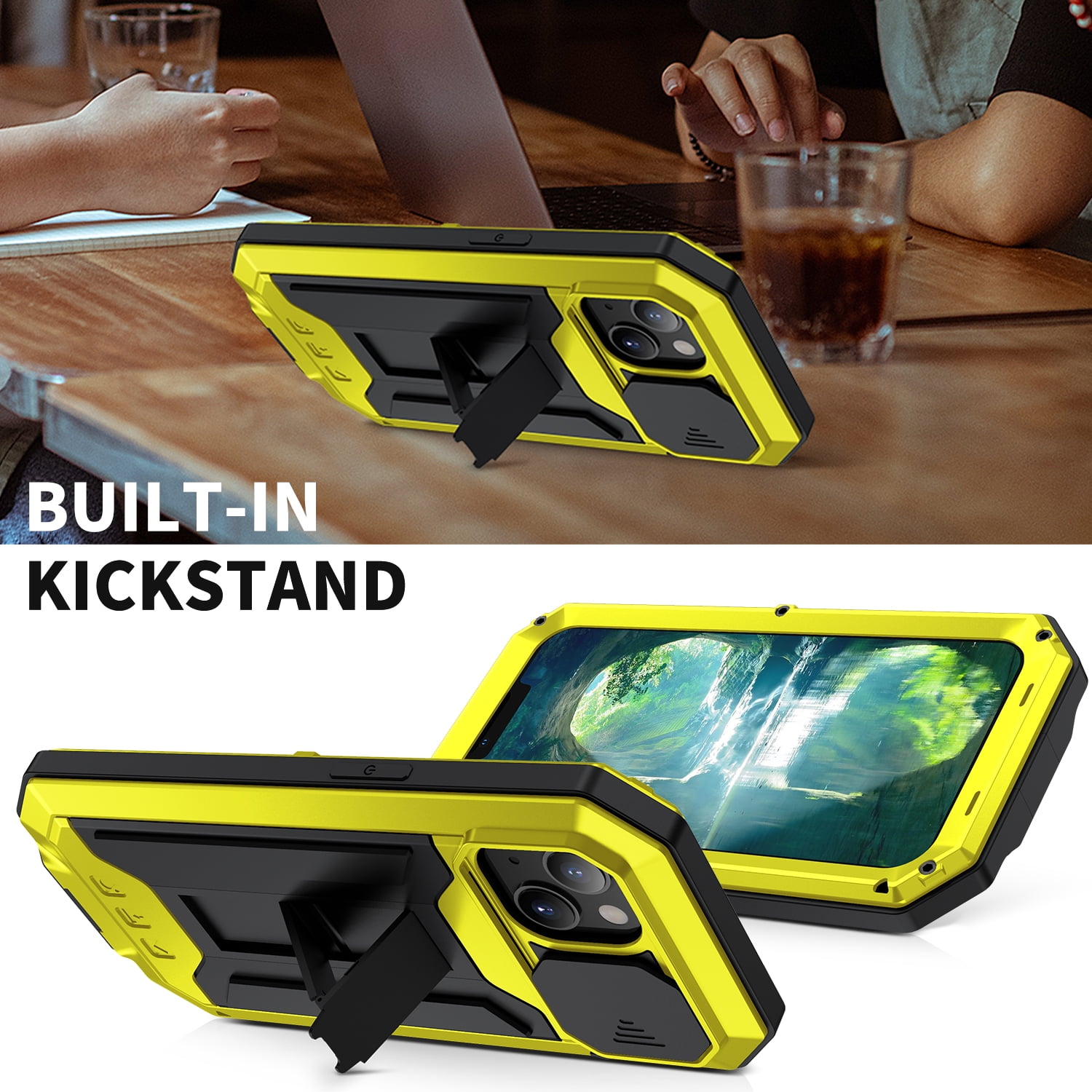 Compatible with iPhone 13 Case with Built-in Glass Screen Protector, Allytech Full Body Shockproof Life Waterproof Kickstand Slide Camera Lens Protective Case for iPhone 13 5G 6.1" 2021, Yellow