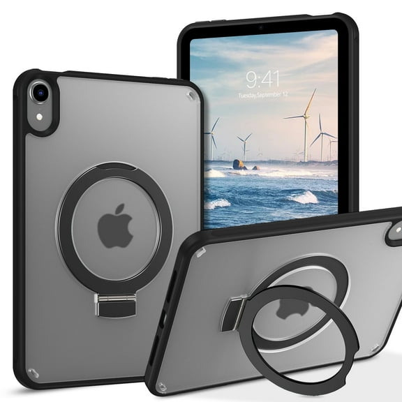 DOMAVER   iPad Mini 7 Case, iPad Mini 6 Case, iPad Mini Case 2024/2021, Slim Thin with Foldable Kickstand Ring Translucent Matte Back Not Yellow Anti-Scratch Shockproof Protective Tablet Cover, Black
