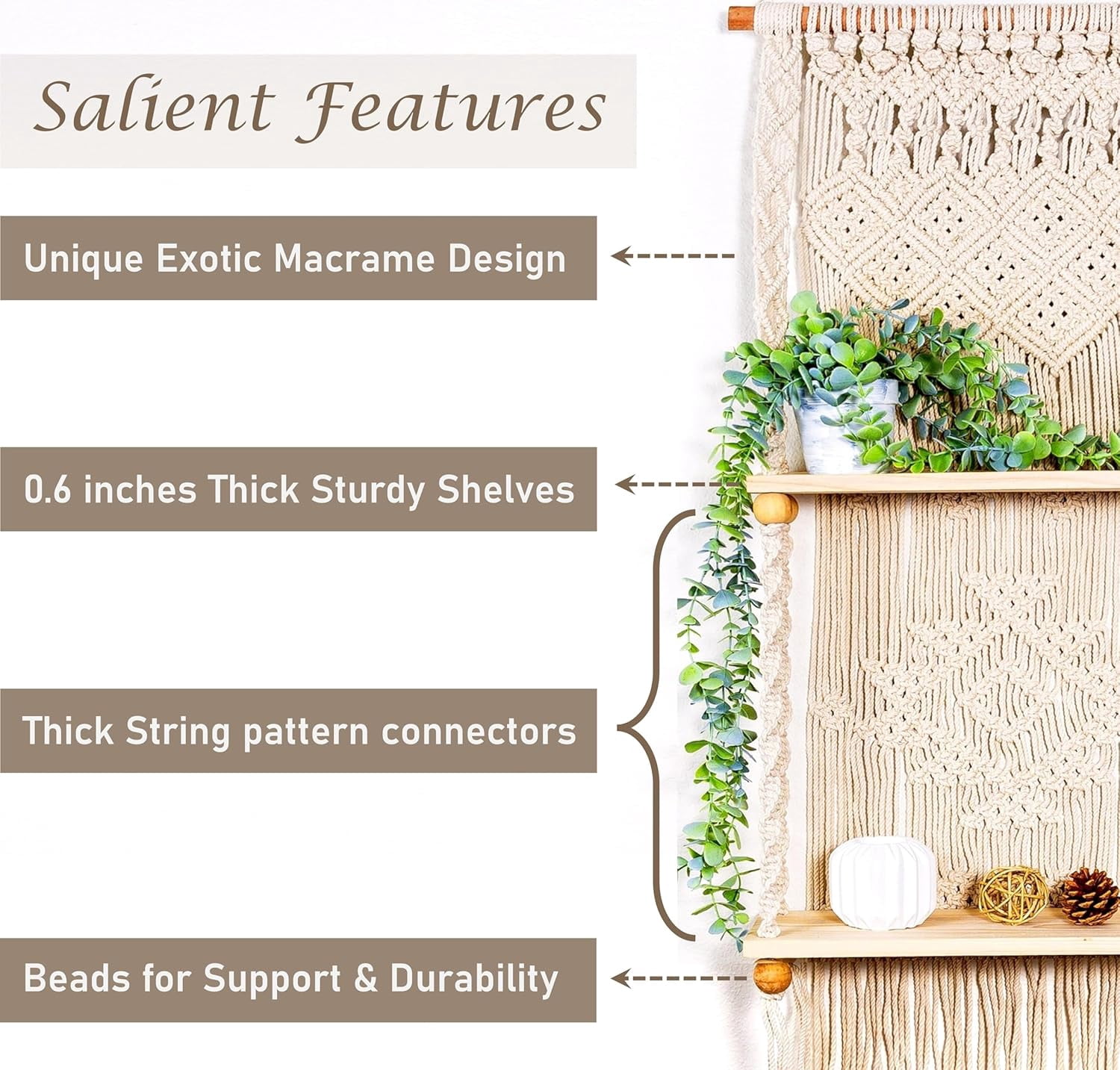 Macrame Wall Hanging Shelf 2 Tier Boho Wall Plant Hanger Shelves, Handmade of Woven Rope Boho Shelves Organizer for Living Room Bathroom Home Storage Floating Plant Rack Bohemian décor