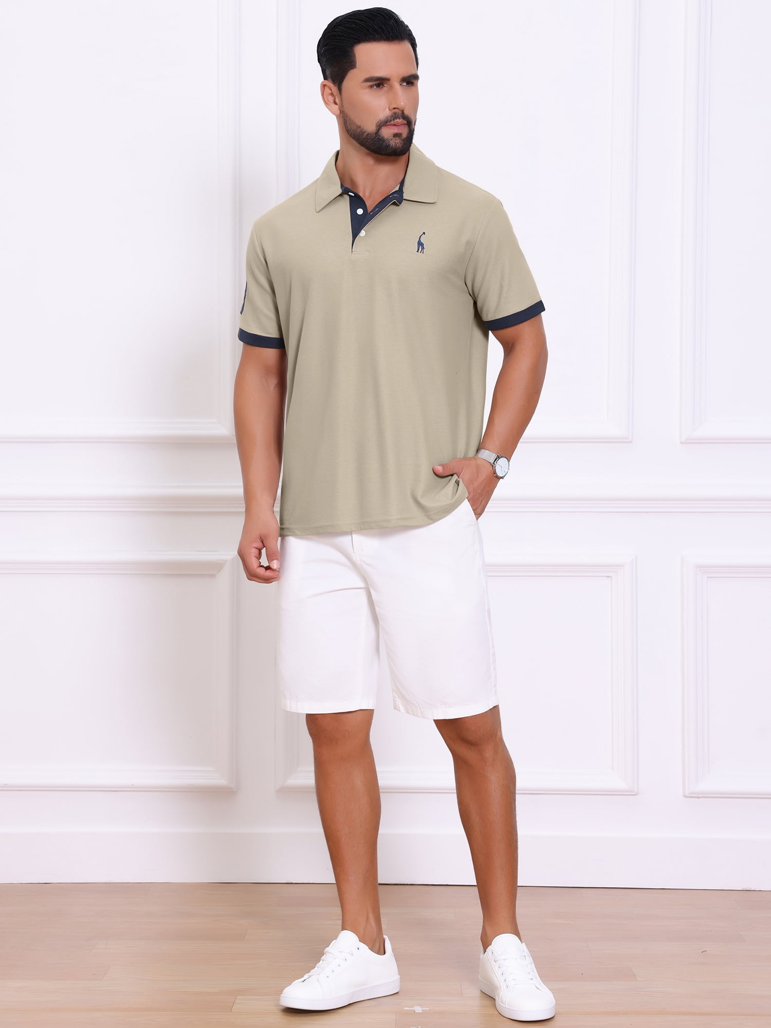 DARING DIVA Men's Pique Contrast Color Short Sleeve Golf Polo Shirts L Khaki