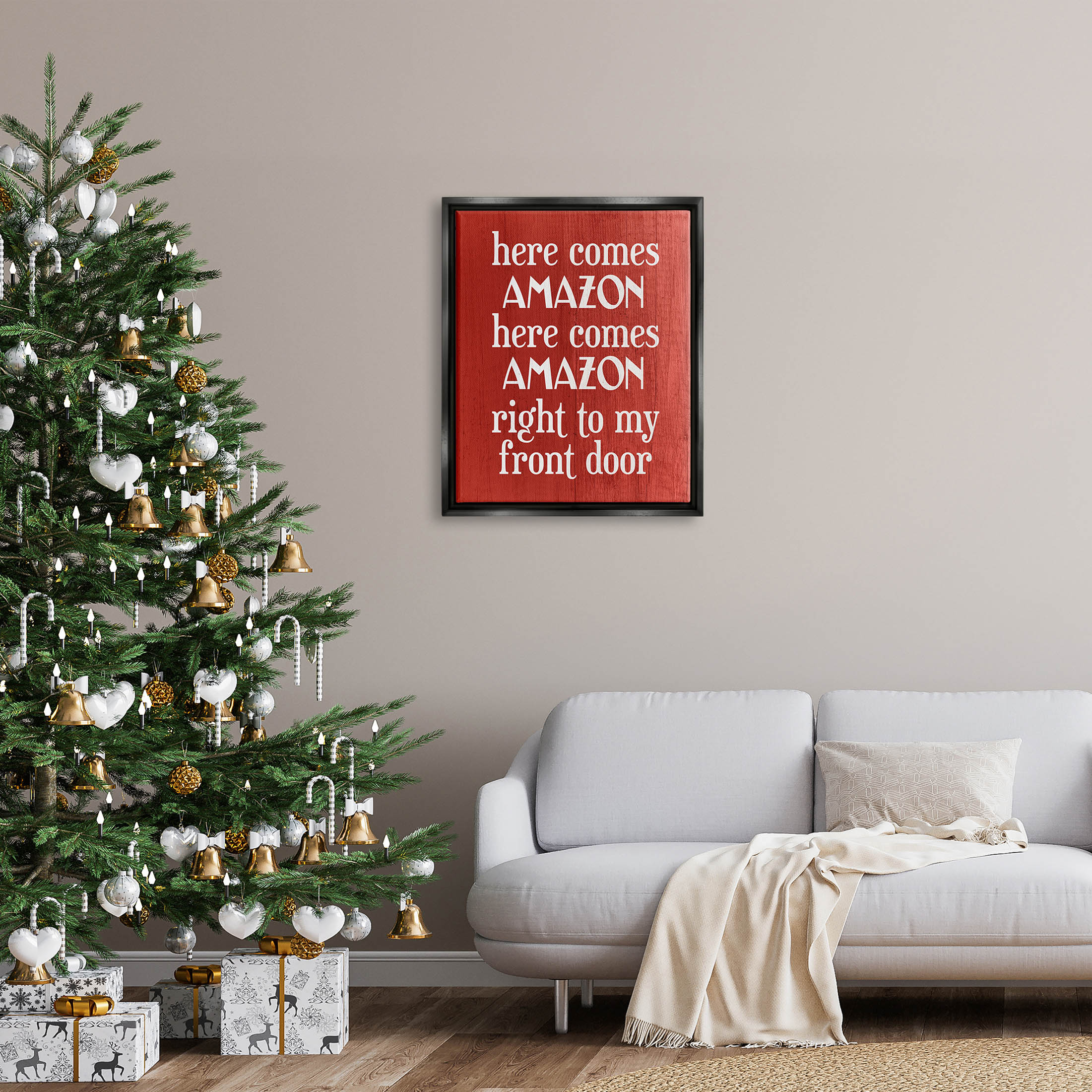 Stupell Industries Here Comes Amazon Funny Song Graphic Art Jet Black Floating Framed Canvas Print Wall Art, Design by Lil' Rue
