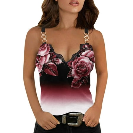 

Women Loose Spaghetti Strap Tops Shirt Sleeveless Cold Shoulder Top V Neck Sexy Lace Trim Summer T Shirt Basics Women Pajamas
