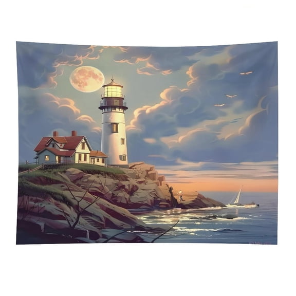 RKSupls Lighthouse Island Full Moon Sunset Polyester Wall Tapestry Anti Wrinkle Art Hanging Decor for Bedroom Living Room Home Holiday Decoration Gift