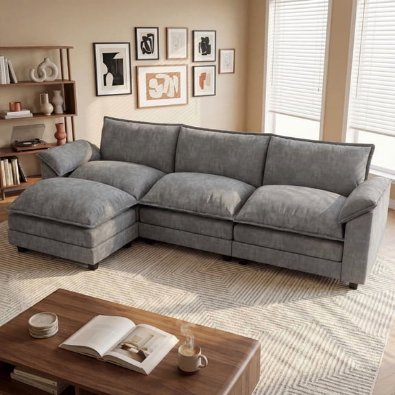 Lacoo 3-Seat Cloud Couch L-Shaped Sectional with Reversible Chair & Movable Footrest, Gray
