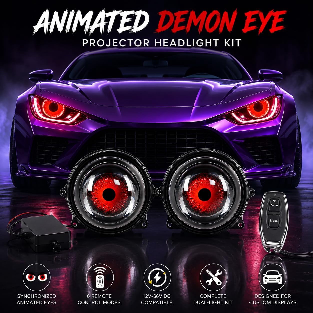 Ghost Lens Headlights, Demon Eye Headlights, 2pcs 33 Modes, Remote Synchronization, Demon Eyes LED Headlight Kit for Car, SUV, Motorcycle